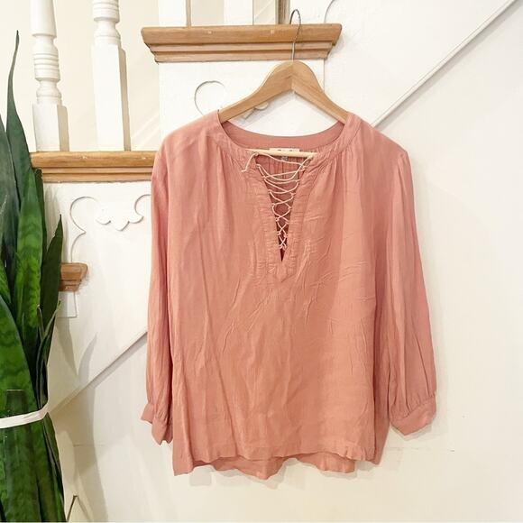 Madewell Neutral Peach Long Sleeve Lace Up Peasant Top Size S - Picture 2 of 6